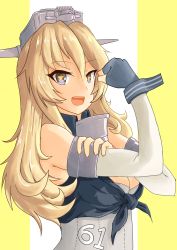Rule 34 | 1girl, absurdres, blonde hair, blue eyes, bras d&#039;honneur, breasts, elbow gloves, fingerless gloves, gloves, hand on own arm, hat, highres, iowa (kancolle), kantai collection, large breasts, long hair, looking at viewer, ooteto, open mouth, parody, rosie the riveter, solo, star-shaped pupils, star (symbol), symbol-shaped pupils, we can do it!