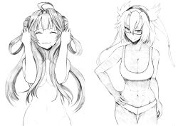 Rule 34 | 2girls, ahoge, breasts, cleavage, closed eyes, double bun, glasses, greyscale, grin, hair between eyes, hair bun, hairband, hand on own hip, highres, kantai collection, kongou (kancolle), large breasts, lineart, long hair, monochrome, multiple girls, musashi (kancolle), nude, panties, simple background, smile, sports bra, traditional media, tsuji kazuho, twintails, underwear, underwear only