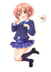 Rule 34 | 10s, 1girl, :3, :d, blazer, blue socks, blush, bow, brown hair, hoshizora rin, jacket, jumping, kneehighs, loafers, looking at viewer, love live!, love live! school idol project, mokoke, open mouth, paw pose, school uniform, shoes, short hair, skirt, smile, socks, solo