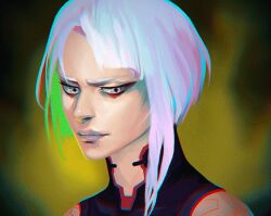 Rule 34 | 1girl, animated, animated gif, blue eyes, cropped shoulders, cyberpunk (series), cyberpunk 2077, cyberpunk edgerunners, glitch, light particles, lips, looking at viewer, looking down, lucy (cyberpunk), moon, short hair, solo, vrihedd, white hair