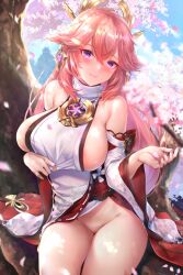 Rule 34 | 1girl, bare legs, bare shoulders, blue sky, bottomless, breasts, cherry blossoms, cloud, day, earrings, genshin impact, highres, japanese clothes, jewelry, kimono, large breasts, nipples, outdoors, pink hair, pink nails, purple eyes, rei kun, sky, solo, thick thighs, thighs, tree, yae miko