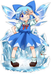 Rule 34 | 1girl, absurdres, blue bow, blue dress, blue eyes, blue hair, bow, brown footwear, cirno, collared shirt, commentary request, dress, flat chest, full body, grin, hair bow, highres, ice, ice wings, iwaserie, looking at viewer, neck ribbon, one eye closed, pigeon-toed, pinafore dress, red ribbon, ribbon, shirt, shoes, short hair, sleeveless dress, smile, snowman, socks, solo, touhou, v, white background, white shirt, white socks, wings