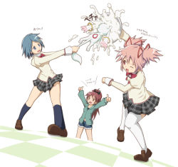 Rule 34 | 10s, 3girls, blue eyes, blue hair, cake, checkered floor, fang, floor, food, food on face, in the face, kaname madoka, kyubey, long hair, mahou shoujo madoka magica, mahou shoujo madoka magica (anime), miki sayaka, multiple girls, official style, onsen (riai), pie in face, pink eyes, pink hair, ponytail, red eyes, red hair, riai (onsen), sakura kyoko, school uniform, short hair, thighhighs, thumbs up, translated, twintails
