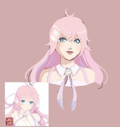 Rule 34 | 1girl, ahoge, blue eyes, derivative work, detached collar, drawfag, hair between eyes, hair ornament, hairclip, highres, jewelry, lips, long hair, multiple views, neck ribbon, pink background, pink hair, pink trim, redrawn, reference photo, reference work, ribbon, sidelocks, upper body, waifulabs
