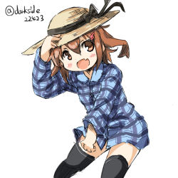 Rule 34 | 10s, 1girl, black thighhighs, brown eyes, brown hair, darkside, hair ornament, hairclip, hat, ikazuchi (kancolle), kantai collection, looking at viewer, open mouth, plaid, plaid shirt, shirt, short hair, smile, solo, sun hat, thighhighs