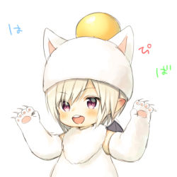 Rule 34 | 1girl, :d, animal hat, arms up, bat wings, black wings, blush, cat hat, character request, claws, final fantasy, final fantasy xiv, fur collar, hat, midorikawa you, mini wings, open mouth, purple eyes, short hair, silver hair, smile, solo, teeth, translation request, upper teeth only, v-shaped eyebrows, white background, white hat, wings