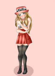 Rule 34 | 10s, 1girl, alternate color, bare shoulders, black thighhighs, blonde hair, blue eyes, blush, bra, breasts, cleavage, collarbone, covering privates, creatures (company), eyewear on head, full body, game freak, gradient background, hat, highres, hip focus, knees, legs, lingerie, long hair, looking at viewer, medium breasts, miniskirt, nintendo, open mouth, pleated skirt, pokemon, pokemon (anime), pokemon xy, porkpie hat, red skirt, serena (pokemon), shiny skin, shoes, simple background, skirt, solo, standing, sunglasses, sunglasses on hat, thighhighs, thighs, underwear, unworn shirt, white bra, worried, zettai ryouiki