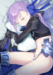 Rule 34 | 1girl, armored boots, blue ribbon, blush, boots, breasts, closed eyes, coffeekite, cropped jacket, crotch plate, fate/extra, fate/extra ccc, fate (series), hair ribbon, highres, long hair, long sleeves, lying, meltryllis (fate), navel, on side, pillow, purple hair, ribbon, sleeping, sleeves past fingers, sleeves past wrists, small breasts, solo, very long hair