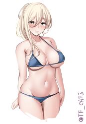 Rule 34 | 1girl, alternate costume, alternate hairstyle, bikini, blonde hair, blue bikini, breasts, brown eyes, cleavage, commentary request, cowboy shot, highres, kantai collection, large breasts, looking at viewer, medium hair, navel, one-hour drawing challenge, richelieu (kancolle), simple background, solo, swimsuit, tf cafe, twitter username, white background