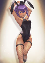 Rule 34 | 1girl, absurdres, animal ears, announ (kurotya), armpits, arms up, black footwear, black gloves, black leotard, black thighhighs, blush, breasts, closed mouth, covered navel, dark-skinned female, dark skin, fake animal ears, fate/prototype, fate/prototype: fragments of blue and silver, fate (series), feet out of frame, female focus, fishnet thighhighs, fishnets, gloves, groin, half-closed eyes, hassan of serenity (fate), highres, leg lift, legs together, leotard, looking at viewer, medium breasts, playboy bunny, purple eyes, purple hair, rabbit ears, shoes, short hair, sidelocks, simple background, solo, standing, standing on one leg, strapless, strapless leotard, thigh gap, thighhighs, thighs