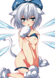 Rule 34 | 1girl, animal ears, animal hands, bikini, bikini top lift, blue bikini, blue eyes, blue hair, blush, bottomless, bow, breasts, cat ears, cat paws, cat tail, cirno, clothes lift, cum, cum on body, cum on breasts, cum on clothes, cum on hair, cum on lower body, cum on upper body, eyelashes, facial, hair bow, highres, ice, ice wings, ma-yu, matching hair/eyes, naughty face, nipples, short hair, small breasts, smile, solo, swimsuit, tail, tongue, touhou, wings