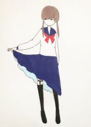 Rule 34 | 1girl, arm at side, black thighhighs, blue sailor collar, blue skirt, blush stickers, brown hair, clothes lift, facing viewer, full body, highres, jitome, legs apart, legwear garter, lifted by self, light brown hair, long hair, long sleeves, looking down, looking to the side, low twintails, neckerchief, no mouth, original, over-kneehighs, red neckerchief, sailor collar, sailor shirt, school uniform, serafuku, shirt, sideways glance, simple background, skirt, skirt lift, solo, standing, thighhighs, tokunaga aoi, traditional media, twintails, white background, white shirt