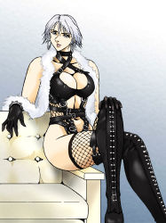 Rule 34 | 1girl, alternate costume, black gloves, blue eyes, bondage outfit, boots, breasts, christie (doa), cleavage, collar, cross-laced footwear, crossed legs, dead or alive, dominatrix, earrings, feather boa, fishnet thighhighs, fishnets, gloves, highres, hoop earrings, jewelry, lace-up boots, large breasts, latex, leather, masa (mk2244), navel, short hair, sitting, solo, thigh boots, thighhighs, white hair