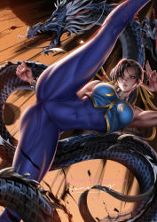 Rule 34 | 1girl, abs, biceps, bracelet, capcom, chun-li, covered navel, double bun, dragon, eastern dragon, hair bun, hair ribbon, high kick, highres, kicking, leg up, liang xing, muscular, muscular female, official alternate costume, parted lips, ribbon, serious, solo, split, standing, standing on one leg, standing split, street fighter, street fighter zero (series), studded bracelet, toned, yellow ribbon