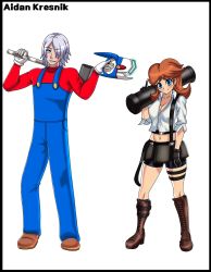 Rule 34 | 1boy, 1girl, aidan kresnik, bazooka, bill blaster, blue eyes, boots, breasts, brown hair, capcom, cleavage, cosplay, crossover, dante (devil may cry), devil may cry, devil may cry (series), devil may cry 3, bad tag, gloves, hammer, highres, lady (devil may cry), lady (devil may cry) (cosplay), mario, mario (cosplay), mario (series), midriff, nintendo, overalls, princess daisy, shorts, smile, super mario land, tomboy, weapon, white hair
