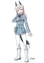 Rule 34 | 501st joint fighter wing, absurdres, animal ears, blue eyes, blue jacket, card, dragoncastle, eila ilmatar juutilainen, fox ears, fox girl, fox tail, highres, holding, holding card, jacket, looking to the side, military, military uniform, pantyhose, silver hair, solo, strike witches, tail, uniform, white background, white pantyhose, world witches series
