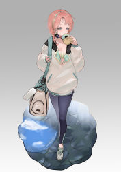 Rule 34 | 1girl, absurdres, aqua hairband, arknights, bag, blue eyes, blue legwear, blue poison (arknights), blue poison (shoal beat) (arknights), bottle, braid, breasts, choker, cleavage, collarbone, commentary, doughnut, earrings, eating, food, gradient background, hairband, highres, jewelry, long sleeves, maria (syake-uni), o-ring, o-ring choker, official alternate costume, pants, pink choker, pink hair, solo, sports bra, sweater, twin braids, water bottle, yoga pants