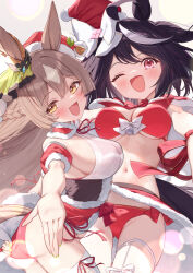 2girls bikini black_hair boots breasts brown_hair capelet christmas dress fur-trimmed_dress fur-trimmed_headwear fur-trimmed_skirt fur_trim garter_straps hat highres kitasan_black_(umamusume) large_breasts multiple_girls open_mouth red_bikini red_capelet red_eyes red_hat saboten_mushi santa_bikini santa_boots santa_dress santa_hat satono_diamond_(umamusume) sideboob simple_background skirt smile swimsuit thighhighs umamusume white_background white_thighhighs yellow_eyes