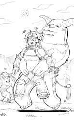 Rule 34 | 1girl, absurdres, character request, closed eyes, fur trim, hairband, highres, horns, kirin (armor), lifting person, lineart, midriff, monochrome, monster hunter (series), niwarhythm, open mouth, single horn, smile, solo focus, strapless, thighhighs, tube top