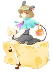 Rule 34 | 1girl, animal ears, bad id, bad pixiv id, basket, cheese, chiko (gugugu), female focus, food, full body, grey hair, jewelry, mouse ears, mouse tail, nazrin, pendant, red eyes, shoes, short hair, simple background, sitting, socks, solo, tail, touhou, white background