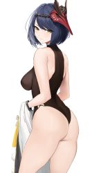 Rule 34 | 1girl, ass, bare shoulders, black hair, black leotard, blush, breasts, closed mouth, cowboy shot, from side, genshin impact, highres, holding, holding clothes, knatb, kujou sara, leotard, looking at viewer, mask, mask on head, medium breasts, partially undressed, short hair, simple background, solo, swept bangs, tengu mask, white background, yellow eyes