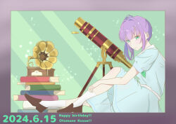 Rule 34 | 1girl, absurdres, aqua neckerchief, blue dress, book, book stack, border, brown footwear, caricariume, character name, closed mouth, commentary request, dated, dress, green background, green eyes, grey border, hair bun, happy birthday, hasu no sora school uniform, highres, light particles, link! like! love live!, loafers, long hair, looking at viewer, love live!, medium dress, neckerchief, on floor, on ground, otomune kozue, phonograph, pleated dress, puffy short sleeves, puffy sleeves, purple hair, sailor collar, sailor dress, school uniform, shoes, short sleeves, side ponytail, sidelocks, single side bun, sitting, smile, socks, solo, split mouth, summer uniform, telescope, virtual youtuber, white sailor collar, white socks