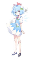 Rule 34 | 1girl, adapted costume, arin (fanfan013), bare legs, black footwear, blue dress, blue eyes, blue hair, bow, cirno, collared shirt, dress, flower, full body, hair between eyes, hair bow, hair flower, hair ornament, highres, ice, ice wings, light smile, looking at viewer, no socks, puffy short sleeves, puffy sleeves, red bow, red ribbon, ribbon, shirt, shoes, short dress, short hair, short sleeves, simple background, sleeveless, sleeveless dress, solo, touhou, white background, white flower, white shirt, wing collar, wings