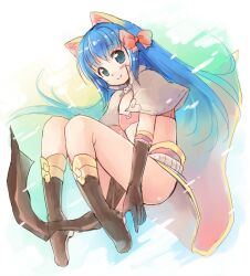 Rule 34 | 1girl, animal ears, bikini, bikini top only, blue eyes, blue hair, blush, boots, bow, brown capelet, brown footwear, brown gloves, capelet, cat ears, closed mouth, elbow gloves, emurin, flat chest, full body, gloves, hair bow, long hair, looking at viewer, mage (ragnarok online), majiko (emurin), midriff, one-hour drawing challenge, pink bow, ragnarok online, red bikini, red skirt, showgirl skirt, skirt, smile, solo, swimsuit