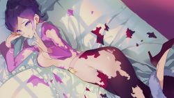Rule 34 | 1girl, :o, akinashi yuu, bed, belt, breasts, cleavage, clothing cutout, cutie honey universe, dress, earrings, eyelashes, fancy honey, gold earrings, high heels, indoors, jewelry, lavender dress, long dress, looking at viewer, lying, medium breasts, official art, on side, parted bangs, pillow, puffy sleeves, purple eyes, purple hair, raised eyebrows, sidelocks, smile, solo, torn clothes