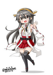 Rule 34 | 1girl, bare shoulders, black hair, black thighhighs, boots, brown eyes, dated, detached sleeves, hair ornament, hairband, hairclip, hakama, hakama short skirt, hakama skirt, haruna (kancolle), headgear, japanese clothes, kantai collection, long hair, masara (chuujou), nontraditional miko, open mouth, red hakama, ribbon-trimmed sleeves, ribbon trim, simple background, skirt, smile, solo, thigh boots, thighhighs, twitter username, waving, white background