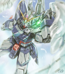 Rule 34 | beam saber, commentary request, drawing sword, energy sword, feathered wings, glowing, glowing eyes, green eyes, gundam, gundam wing, gundam wing endless waltz, holding, holding sword, holding weapon, mecha, no humans, robot, signature, sky, solo, sword, tyuga, weapon, wing gundam zero custom, wings