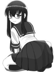 1girl blush closed_mouth glasses greyscale hair_between_eyes highres kneehighs long_hair looking_at_viewer looking_back monochrome original pleated_skirt school_uniform serafuku shirt short_sleeves sidelocks simple_background skirt smile socks solo tussy white_background