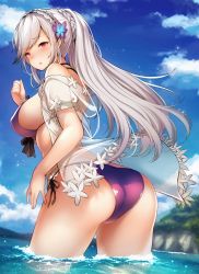 Rule 34 | 1girl, adapted costume, azur lane, bikini, blush, breasts, butt crack, choker, cleavage, commentary request, day, dunkerque (azur lane), dunkerque (summer sucre) (azur lane), from behind, grey hair, hair ornament, hairband, highres, large breasts, long hair, looking at viewer, outdoors, pink eyes, ponytail, purple bikini, see-through, side-tie bikini bottom, sidelocks, solo, standing, swept bangs, swimsuit, thighs, tobimura, wading