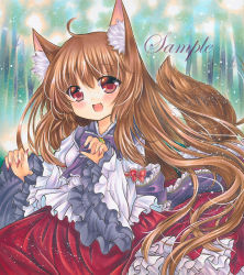 Rule 34 | 1girl, :d, animal ears, bad id, bad pixiv id, brown hair, dress, embellished costume, fang, frilled sleeves, frills, imaizumi kagerou, long hair, long sleeves, marker (medium), nail polish, open mouth, red eyes, red nails, rui (sugar3), sample watermark, smile, tail, touhou, traditional media, watermark, wide sleeves, wolf ears, wolf tail