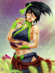 Rule 34 | 1girl, akali, arm tattoo, artist name, artstation username, black hair, blush, bowl, breasts, brown eyes, chopsticks, chopsticks in mouth, clothing cutout, cloud, cowboy shot, crop top, day, deviantart username, eating, field, fingerless gloves, food, food in mouth, full-body tattoo, gloves, grass, grasslands, green gloves, green ribbon, hair between eyes, hair ribbon, hentai-foundry username, highres, holding, holding bowl, league of legends, looking to the side, medium breasts, midriff, mountain, navel, ninja, noodles, patreon username, ponytail, ramen, ribbon, rope, rope belt, shoulder tattoo, signature, solo, sunlight, tattoo, themaestronoob, variant set