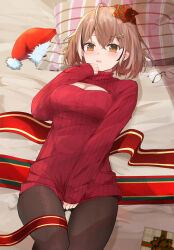 Rule 34 | 1girl, ahoge, blush, box, brown eyes, brown hair, cleavage cutout, clothes tug, clothing cutout, ear blush, unworn eyewear, gift, gift box, glasses, hair between eyes, hair ornament, hat, highres, hololive, hololive english, looking at viewer, lying, meme attire, multicolored hair, nanashi mumei, on back, on bed, open-chest sweater, open mouth, pantyhose, pillow, red sweater, santa hat, short hair, shuuzo3, solo, streaked hair, sweater, sweater tug, turtleneck, turtleneck sweater, virtual youtuber