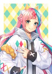 Rule 34 | &gt;:), 1girl, argyle, blue eyes, blue hair, blush, braid, closed mouth, cross hair ornament, diagonal bangs, drawstring, french braid, hair ornament, hand in pocket, highres, hood, hood down, hoodie, jacket, kitazume kumie, long hair, long sleeves, looking at viewer, md5 mismatch, multicolored background, multicolored hair, multicolored nails, nail polish, open clothes, open jacket, pink hair, pinky pop hepburn, resolution mismatch, signature, sleeves past wrists, smug, solo, source larger, the moon studio, two-tone hair, unzipped, upper body, v, very long hair, virtual youtuber, white jacket, zipper