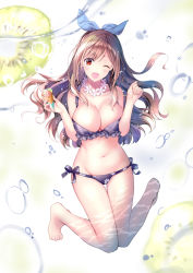 Rule 34 | 1girl, ;d, bare shoulders, barefoot, bikini, breasts, brown hair, caustics, cleavage, collarbone, commentary request, crepe, flower, flower necklace, food, fruit, full body, groin, hair ribbon, hands up, holding, idolmaster, idolmaster shiny colors, jewelry, large breasts, long hair, looking at viewer, md5 mismatch, navel, necklace, one eye closed, open mouth, purple bikini, red eyes, rei (rei&#039;s room), resolution mismatch, ribbon, side-tie bikini bottom, smile, solo, source larger, stomach, swimsuit, thighs, tsukioka kogane