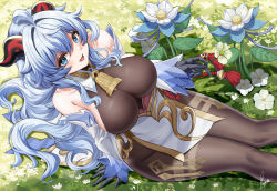 Rule 34 | 1girl, ahoge, bare shoulders, bell, black gloves, blue eyes, blue hair, blush, bodystocking, breasts, brown pantyhose, detached sleeves, dress, elbow gloves, flower, ganyu (genshin impact), genshin impact, gloves, grass, horns, large breasts, long hair, looking at viewer, open mouth, pantyhose, piukute062, sitting, smile, solo, thighs, white dress