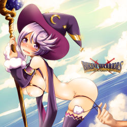 Rule 34 | 10s, 1boy, 1girl, ass, bare shoulders, bikini, bikini warriors, black bikini, blush, breasts, breasts out, cape, crescent moon, detached sleeves, evil-dei, hat, highres, large breasts, light purple hair, looking at viewer, mage (bikini warriors), moon, nipples, open mouth, panties, panty pull, purple eyes, purple hair, ribbon, short hair, sky, solo focus, staff, star (symbol), swimsuit, thighhighs, underboob, underwear, witch hat