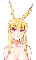Rule 34 | 1girl, animal ears, blonde hair, blush, breasts, collarbone, fate/grand order, fate (series), highres, kopaka (karda nui), long hair, looking at viewer, nude, open mouth, purple eyes, simple background, solo, thrud (fate), valkyrie (fate), white background
