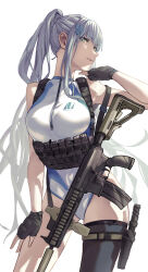 Rule 34 | 1girl, absurdres, assault rifle, black gloves, black thighhighs, blue one-piece swimsuit, blunt bangs, breasts, chest harness, combat knife, fingerless gloves, fujita (condor), girls&#039; frontline, gloves, green eyes, grey hair, gun, h&amp;k hk416, hair ornament, hand on own chin, hand on own thigh, harness, highleg, highleg swimsuit, highres, hk416 (girls&#039; frontline), holster, knife, looking at viewer, medium breasts, one-piece swimsuit, open mouth, rifle, single thighhigh, solo, swimsuit, thigh holster, thighhighs, two-tone swimsuit, weapon, white background, white one-piece swimsuit, zipper