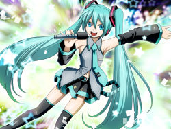 Rule 34 | 1girl, blue eyes, blue hair, detached sleeves, happy, hatsune miku, kuromayu, long hair, microphone, open mouth, twintails, vocaloid