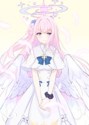 Rule 34 | 1girl, absurdres, angel wings, blue archive, capelet, commentary request, cross, feathers, flower, hair flower, hair ornament, highres, looking at viewer, mika (blue archive), miyami (sirukasiruka), own hands together, pink hair, ribbon, school uniform, simple background, solo, wings, yellow background, yellow eyes
