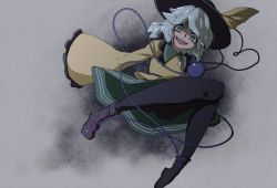 Rule 34 | 1girl, anime coloring, ass, black footwear, black pantyhose, blouse, boots, bow, constricted pupils, diamond (shape), frilled sleeves, frills, green eyes, green skirt, grey background, hat, hat bow, komeiji koishi, legs up, long sleeves, looking at viewer, looking down, open mouth, pantyhose, shaded face, shirt, short hair, silver hair, skirt, sleeves past wrists, smile, solo, tenkomori (bug kura), third eye, touhou, wide sleeves, yellow shirt