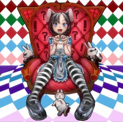 Rule 34 | !, 1girl, :d, ?, alice (alice in wonderland), alice in wonderland, animal, animal ears, apron, argyle, argyle background, argyle clothes, bad id, bad pixiv id, black footwear, black hair, blue dress, blue eyes, chair, dress, extra ears, fang, full body, gun, hands up, heart, heart-shaped pupils, highres, looking at viewer, megame (okbnkn), open mouth, pantyhose, pigeon-toed, rabbit, rabbit ears, scar, scar across eye, scar on face, shoes, short sleeves, sitting, smile, striped clothes, striped pantyhose, sunglasses, symbol-shaped pupils, weapon, white apron