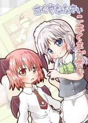 Rule 34 | 2girls, :o, aged down, alternate hairstyle, bad id, bad pixiv id, bat wings, blue eyes, blush, chibi, child, cover, cover page, cup, cupboard, dress shirt, embodiment of scarlet devil, female focus, head wings, izayoi sakuya, knife, koakuma, long sleeves, maid, multiple girls, necktie, open mouth, plate, red eyes, red hair, shirt, short hair, silver hair, smile, throwing knife, touhou, translation request, uruc, weapon, wings