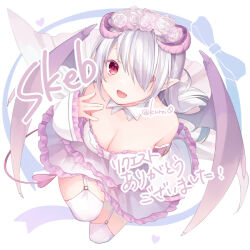 Rule 34 | 1girl, :d, breasts, center frills, cleavage, commission, copyright request, demon girl, demon horns, demon tail, demon wings, detached sleeves, dress, flower, frilled dress, frilled sleeves, frills, garter straps, grey hair, hair over one eye, horns, kuroi (liar-player), long hair, long sleeves, medium breasts, open mouth, pink flower, pink rose, pink wings, pointy ears, red eyes, rose, skeb commission, sleeves past wrists, smile, solo, strapless, strapless dress, tail, thighhighs, translation request, twitter username, very long hair, white dress, white sleeves, white thighhighs, wide sleeves, wings