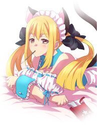 Rule 34 | 1girl, animal ears, bare shoulders, black bow, blonde hair, bow, breasts, brown eyes, cat ears, cat girl, cat tail, cleavage, detached collar, detached sleeves, food, food in mouth, hair between eyes, hair bow, ikuhashi muiko, koujiro frau, light blush, long hair, looking at viewer, lying, maid, maid headdress, medium breasts, on bed, on stomach, pocky, pocky in mouth, robotics;notes, sidelocks, solo, tail, twintails, white background, wrist cuffs