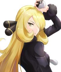 Rule 34 | 1girl, arm up, black coat, blonde hair, breasts, coat, commentary request, creatures (company), cynthia (pokemon), eyelashes, fur-trimmed coat, fur trim, game freak, hair ornament, hair over one eye, highres, holding, holding poke ball, hsin, long hair, long sleeves, looking at viewer, looking back, nintendo, parted lips, poke ball, pokemon, pokemon dppt, simple background, smile, solo, ultra ball, upper body, white background, yellow eyes